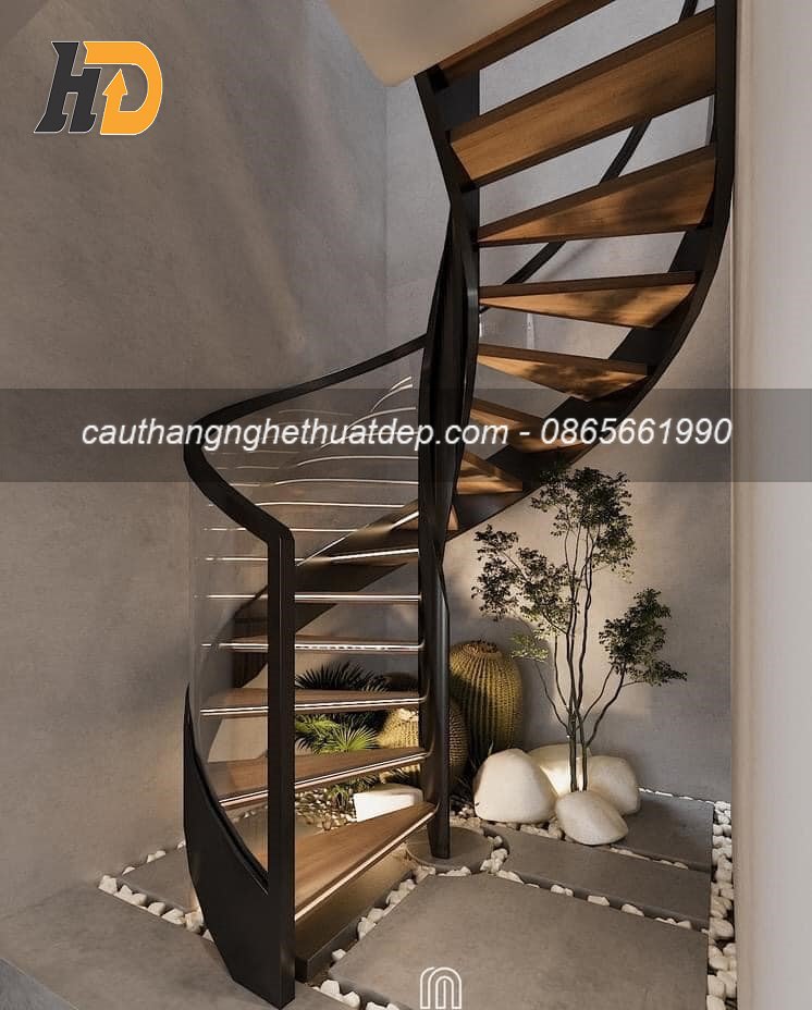 Cầu thang xoắn với cấu tạo thanh thoát, nhẹ nhàng cực kì phù hợp với không gian chật hẹp