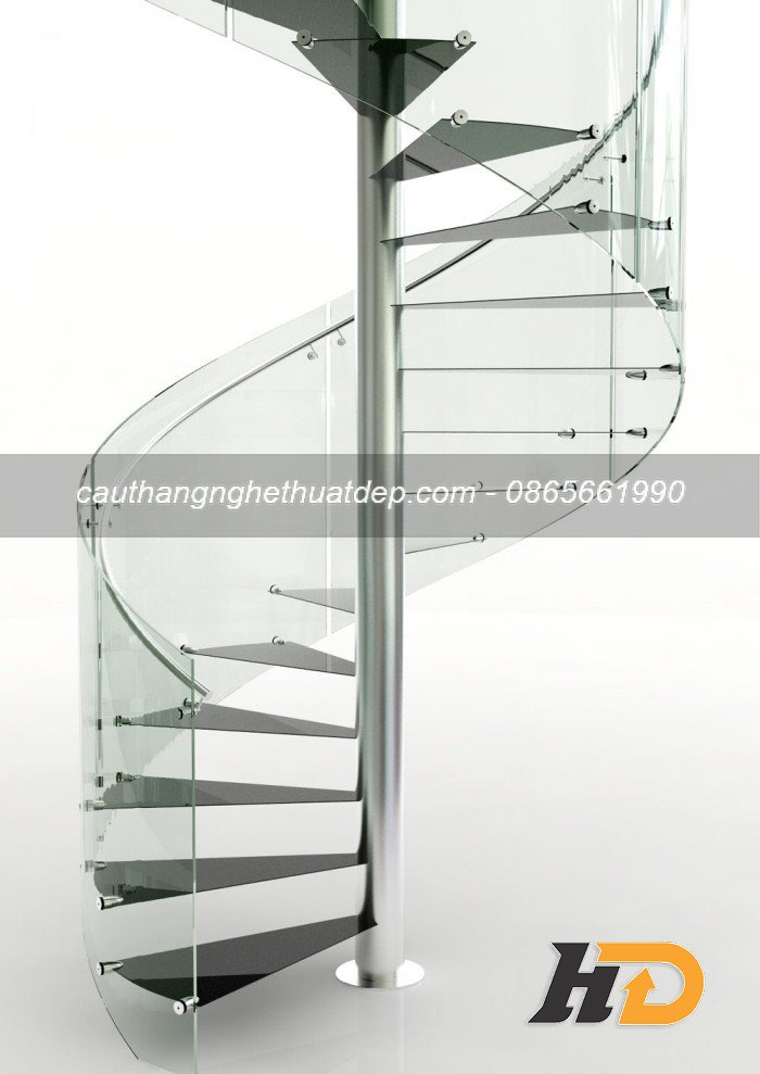 Cầu thang xoáy lan can kính cường lực với thiết kế mềm mại cho không gian nhỏ