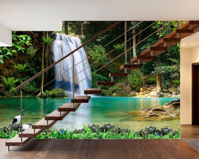 Mảng tường vẽ 3D kết hợp với cầu thang tạo nên bức tranh thiên nhiên hùng vĩ ngay trong căn nhà